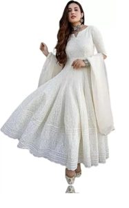 Royal Export Women's Cotton Blend White Chikankari Anarkali Gown with Dupatta | Dresses for Girls | Pant Not Included ||